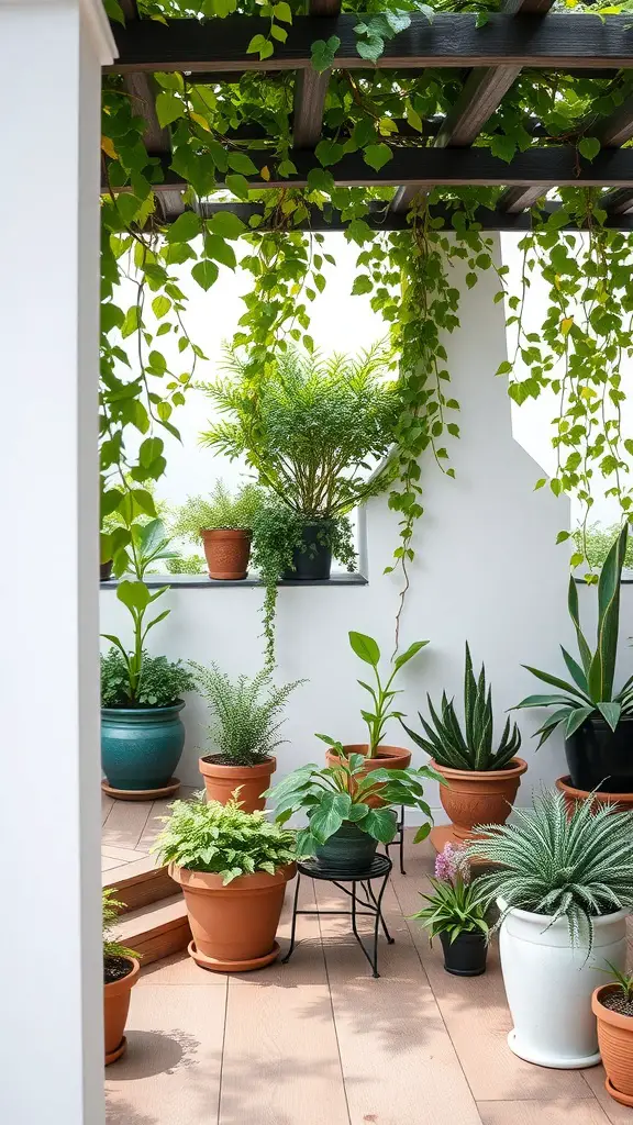 A terrace filled with various potted plants, including ferns and succulents, under a pergola with cascading vines.