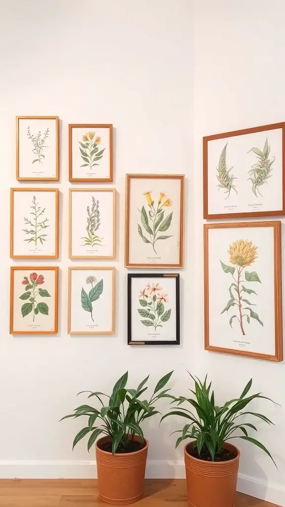 A wall displaying framed botanical prints alongside potted plants.