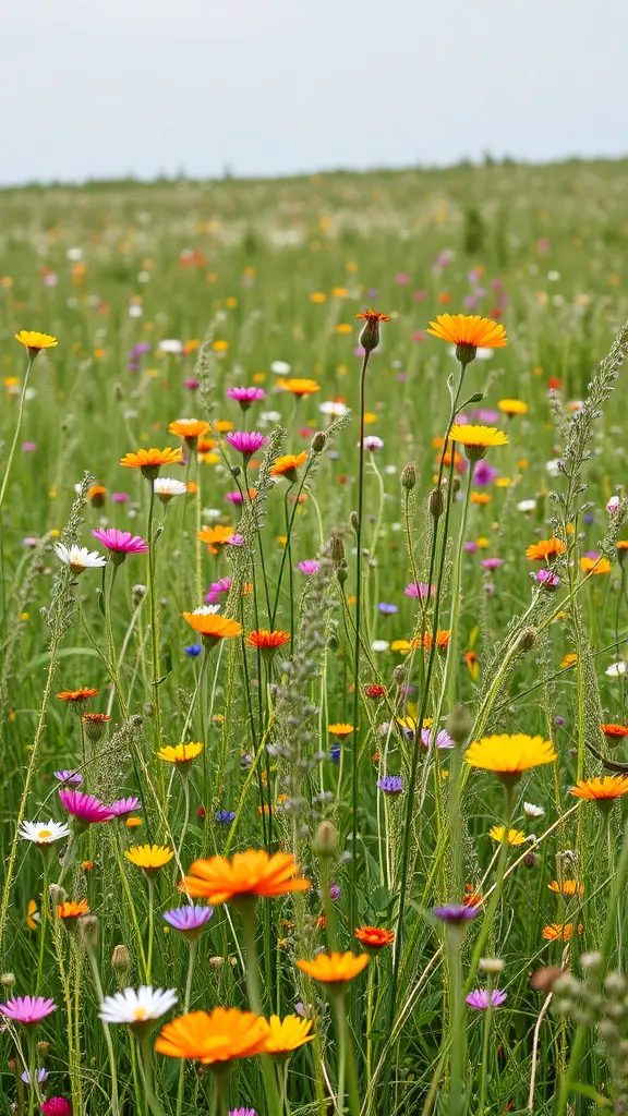 A vibrant wildflower meadow filled with various colorful flowers.