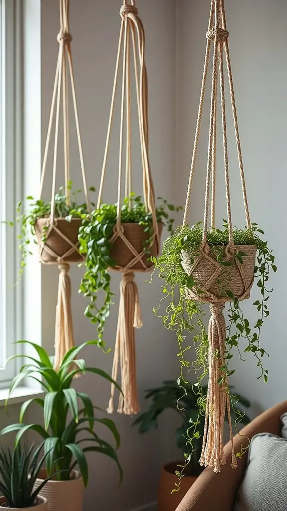 Three macramé plant hangers with green plants, showcasing a boho decor style.