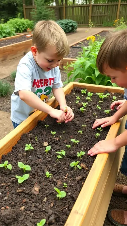 Children gardening in raised beds, planting and caring for young plants.