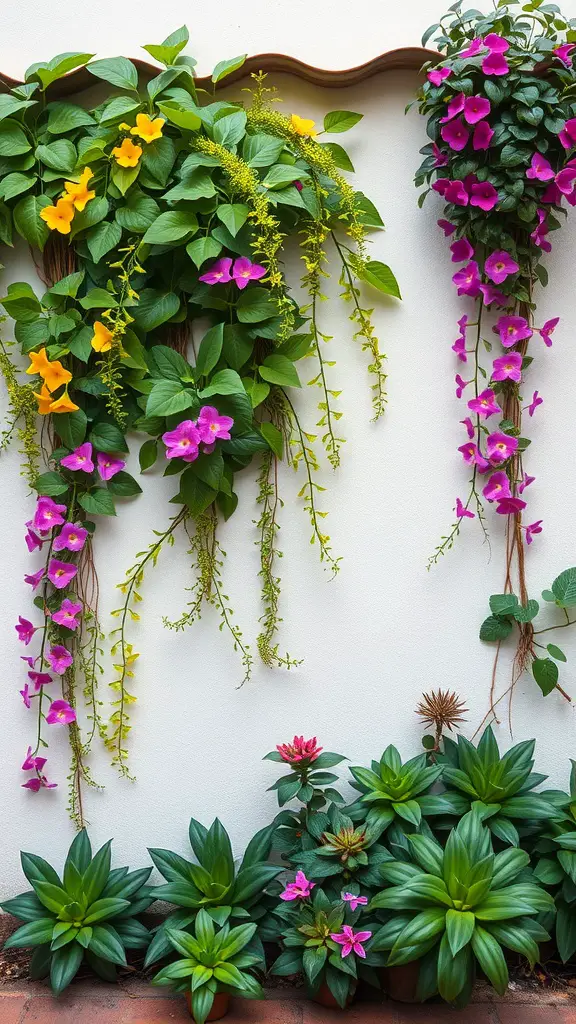 A vertical garden featuring colorful flowers and lush green plants against a white wall.