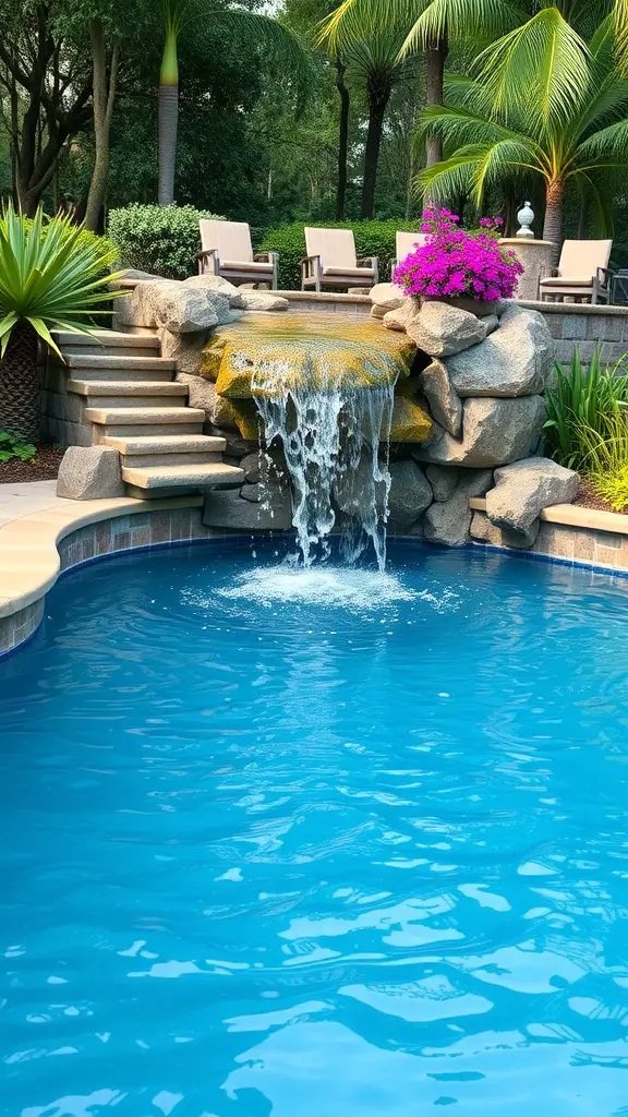 A beautiful pool with a waterfall feature surrounded by greenery and flowers.
