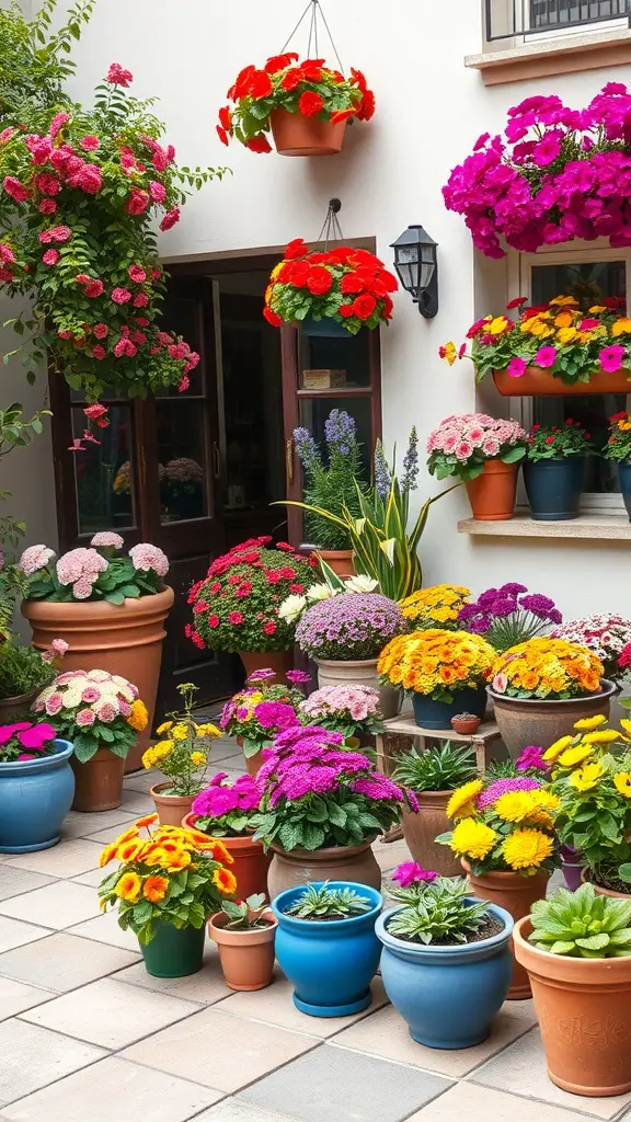 A vibrant display of colorful flower pots and hanging plants in a garden setting.
