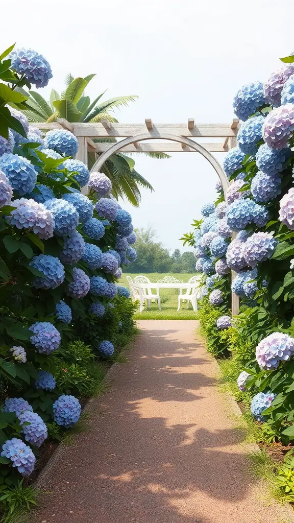 A pathway lined with blue and purple hydrangeas leading to a seating area under an archway.