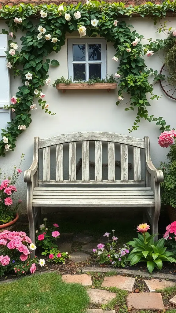 A rustic wooden bench surrounded by colorful flowers in a cottage garden.