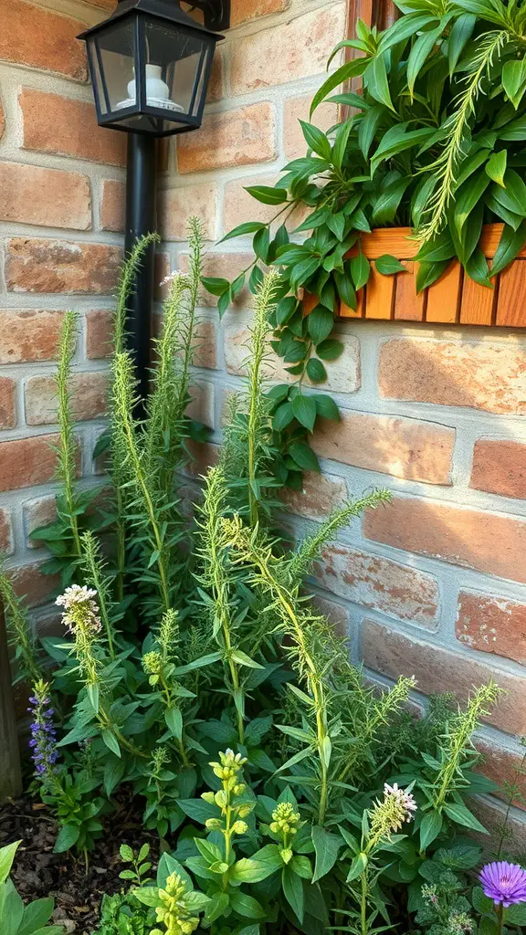 A corner of a cottage garden featuring aromatic herbs growing near a brick wall and a lantern.