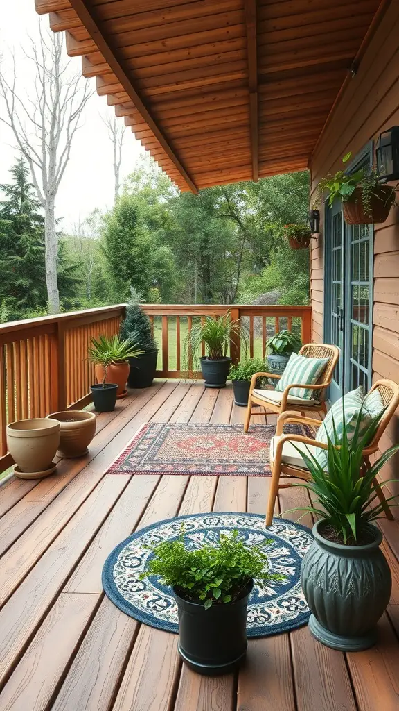 A rustic wooden deck with potted plants and comfortable seating, showcasing a cozy outdoor space.
