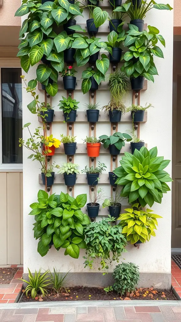 A vertical garden with various plants in pots mounted on a wall.