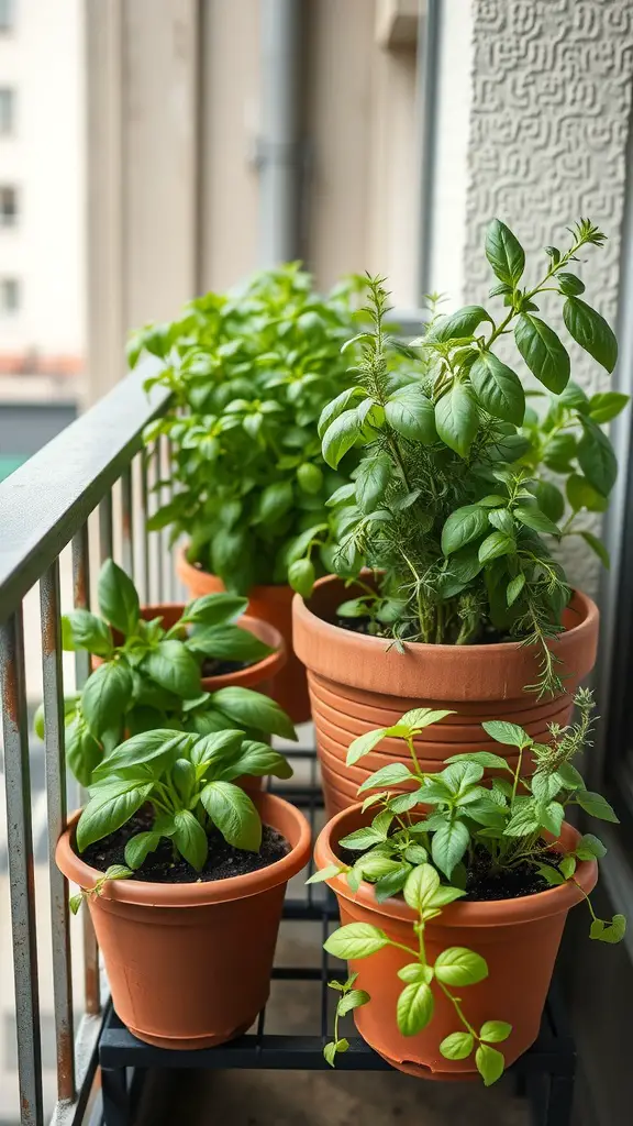 A balcony garden with various potted herbs, including basil and mint, arranged neatly on a shelf.