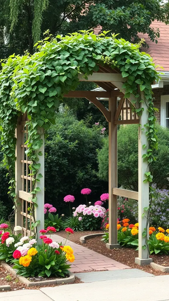 A wooden garden arbor covered in green vines, surrounded by colorful flowers.