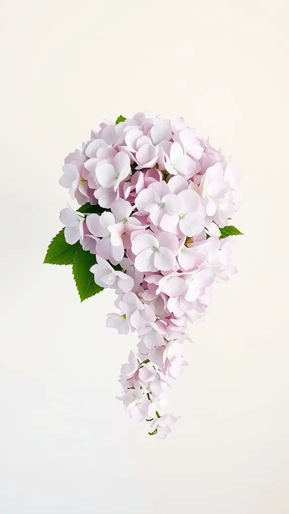 Cascading hydrangea bouquet with soft pink flowers and green leaves.