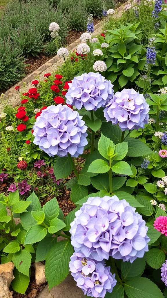 A colorful garden featuring lavender hydrangeas, red flowers, and green foliage.