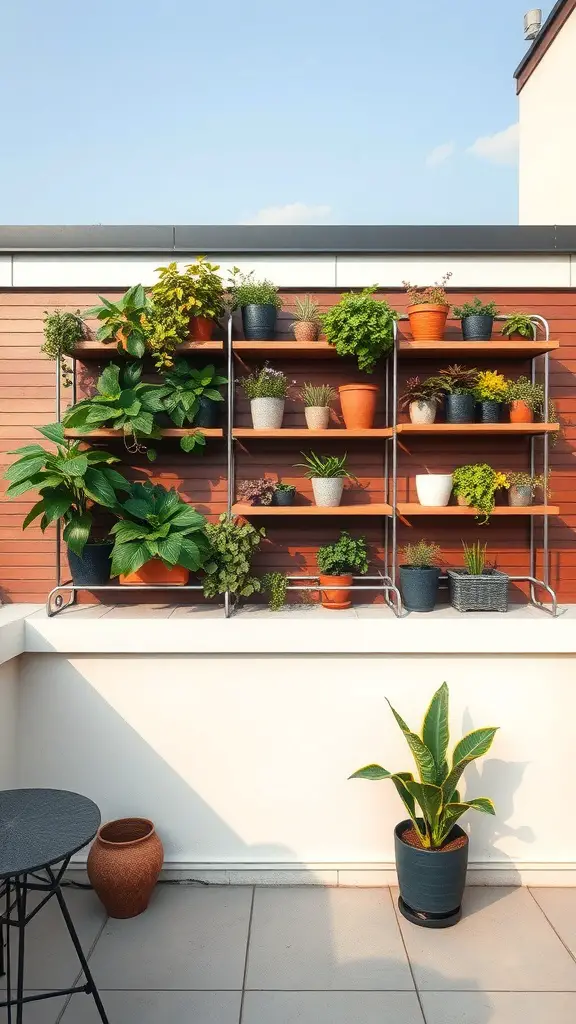 A terrace with vertical planters and shelves filled with various plants, showcasing an organized and vibrant green space.
