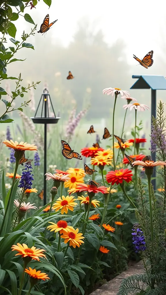 A vibrant cottage garden filled with colorful flowers and butterflies.