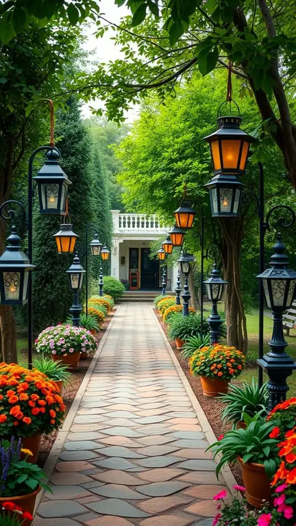 A charming garden pathway lined with colorful flower pots and lanterns, surrounded by lush greenery.