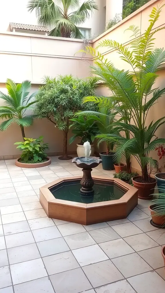 A serene terrace garden featuring an octagonal fountain surrounded by various plants.