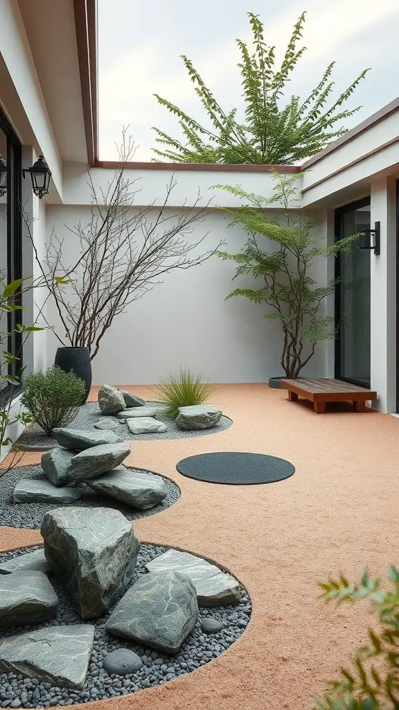 A serene Zen garden featuring rocks, plants, and a sandy surface