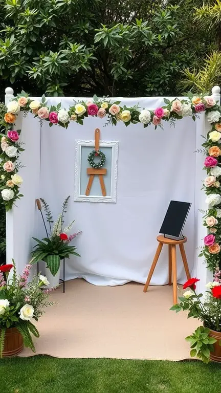 A charming photo booth backdrop with floral decorations, curtains, and the word 'BOVE' in large letters.