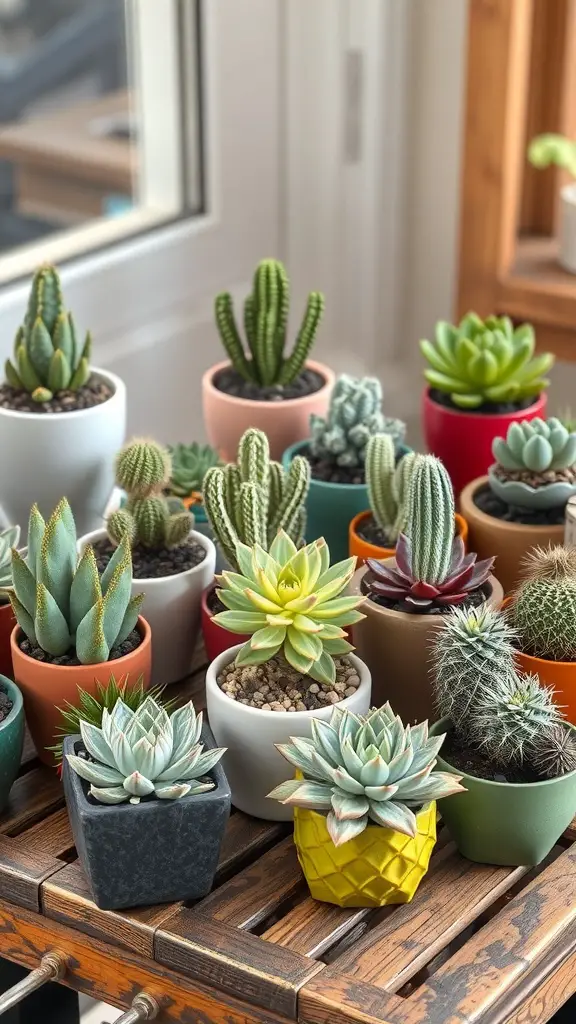 A variety of succulents in colorful and unique containers arranged on a wooden table.