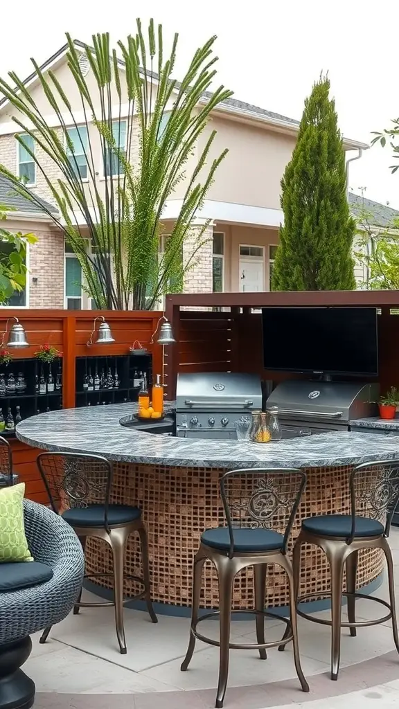 Stylish outdoor kitchen and bar setup with a round marble countertop, wicker base, and comfortable seating.
