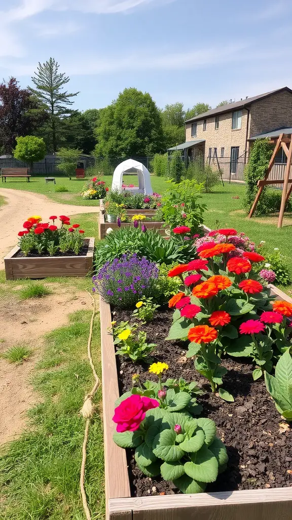 Colorful raised garden beds filled with flowers in a sunny outdoor setting