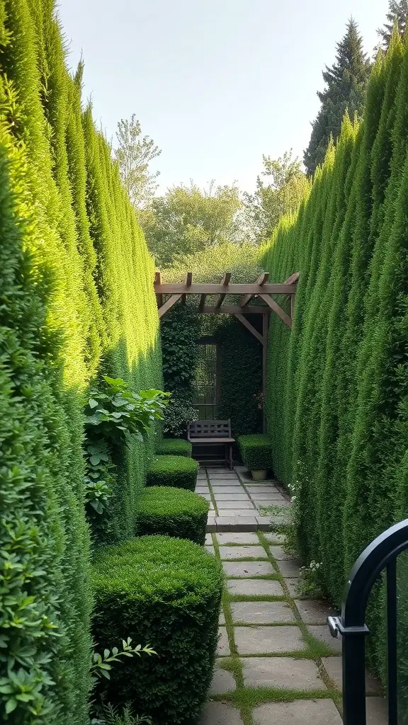 A serene garden pathway surrounded by tall hedges and lush greenery, featuring a wooden bench and a trellis.