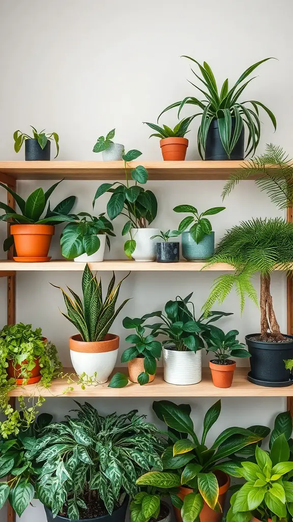 A wooden shelf displaying various potted plants in different sizes and colors.