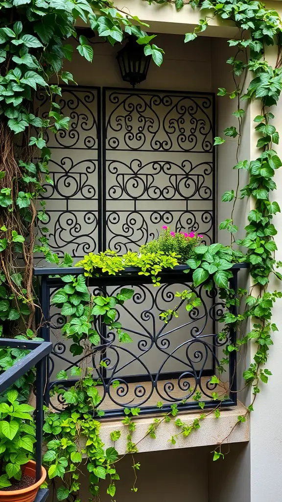 A balcony with intricate black iron privacy screens and lush green plants.