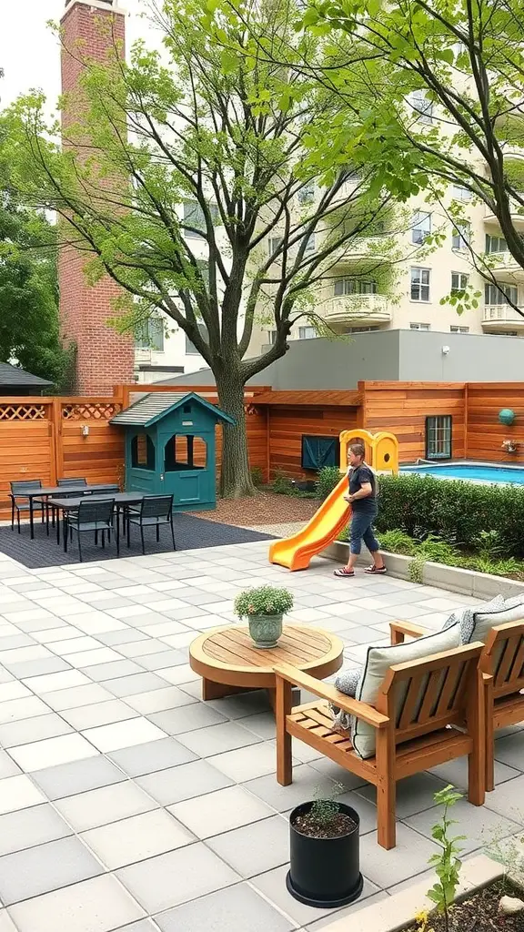 A family-friendly patio with a slide, playhouse, and seating area.