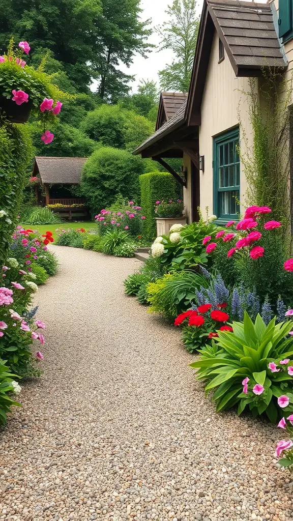 A cozy gravel pathway lined with colorful flowers in a cottage garden.