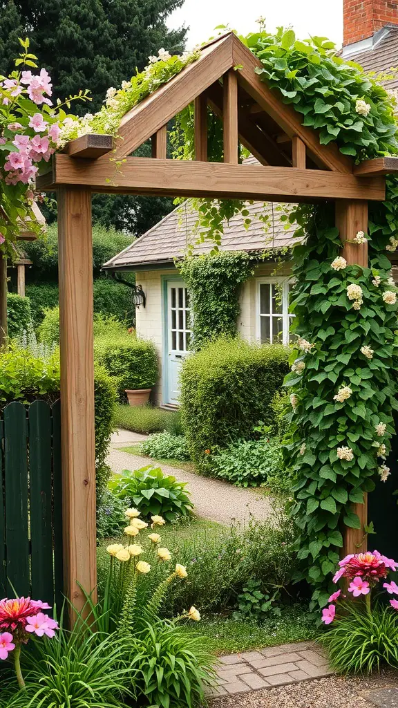 A wooden trellis covered with climbing plants and flowers, leading to a cozy cottage garden.