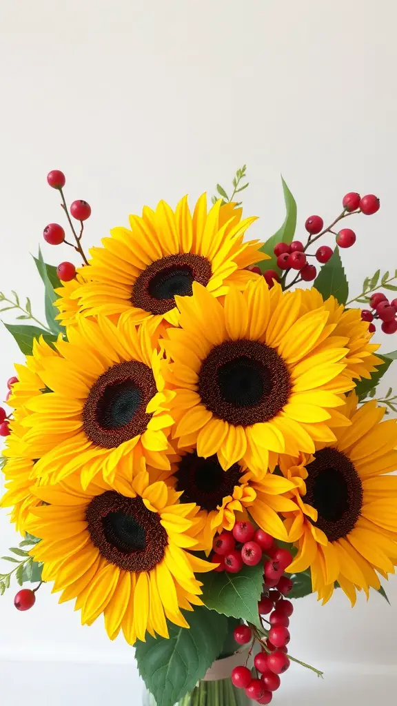 A vibrant bouquet of sunflowers with red berry accents and green leaves.