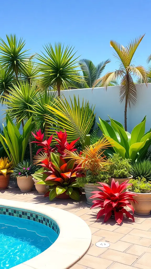 Vibrant poolside landscaping with a variety of tropical plants and flowers