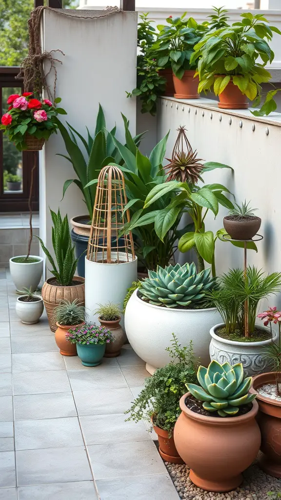 A terrace garden with various plants in different pots, showcasing creative arrangements.
