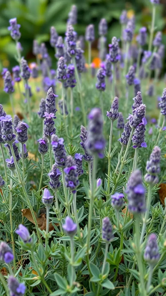 A close-up view of blooming lavender plants in a garden.