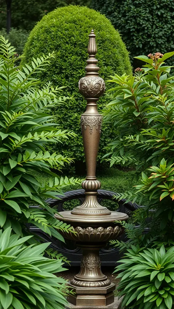 A bronze fountain surrounded by lush green plants in a garden.