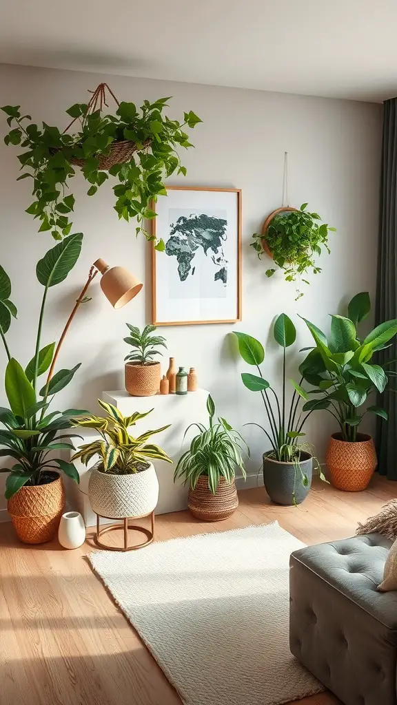 A cozy indoor space filled with various plants in decorative pots and a wall art piece.