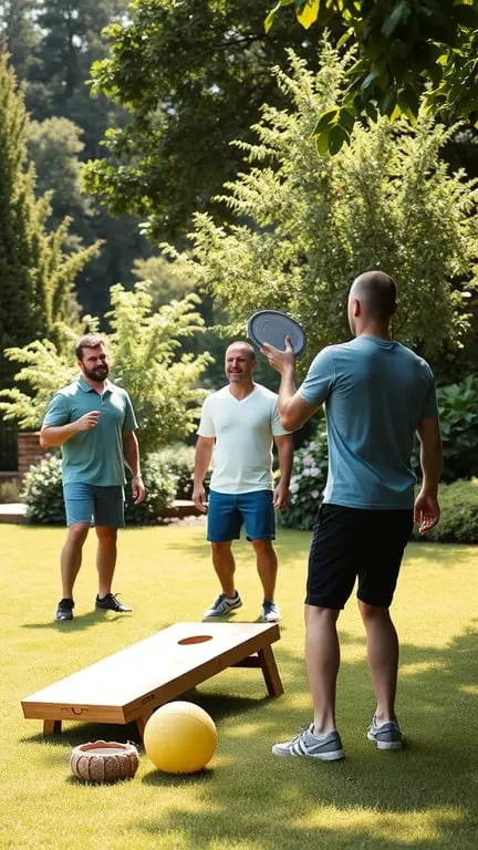 Friends playing outdoor games at a summer garden party