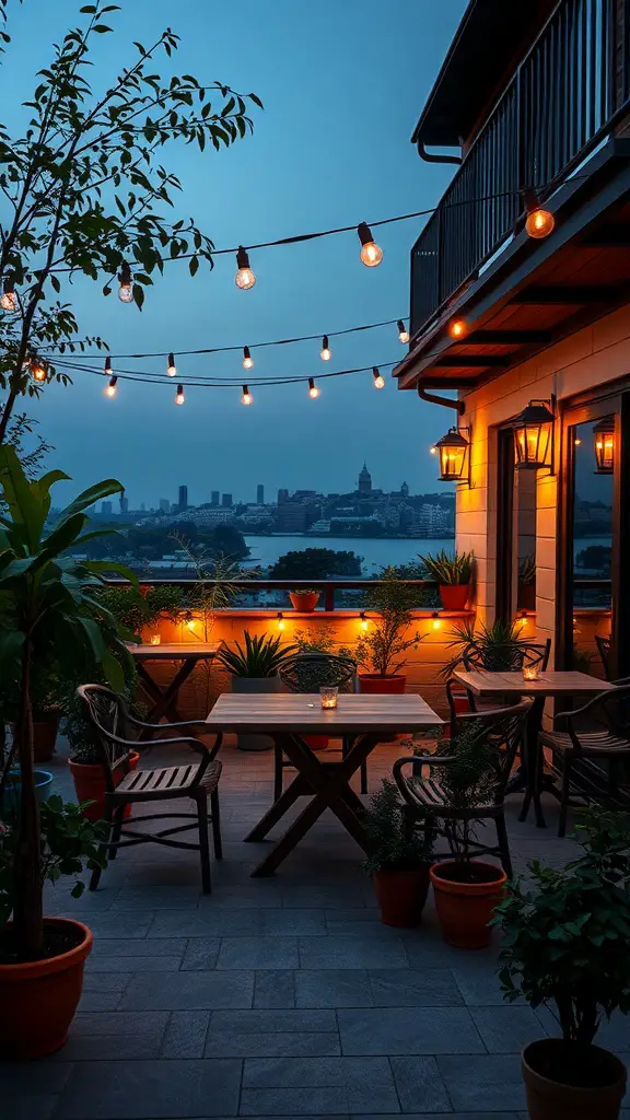 Cozy terrace dining area with string lights and potted plants overlooking a city skyline.
