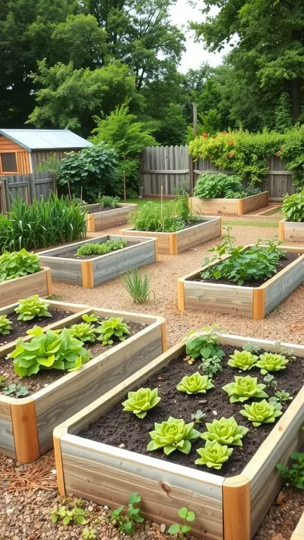 Two people tending to raised garden beds filled with various plants, surrounded by greenery.