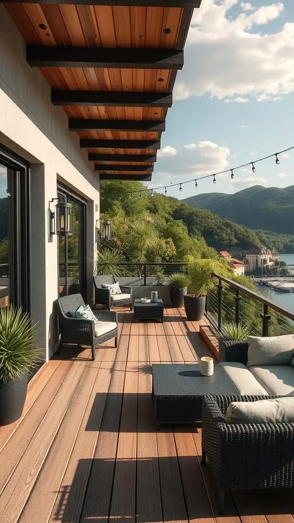 A rooftop terrace with seating and a view of the city skyline.