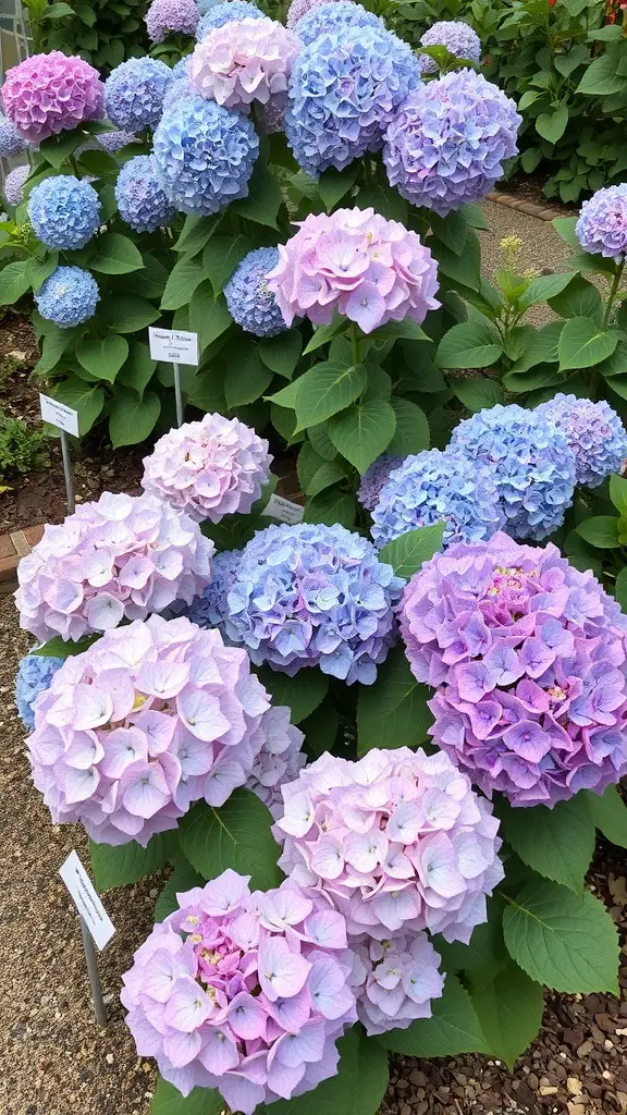 A variety of hydrangeas in shades of blue and pink, showcasing different blooms in a garden setting.
