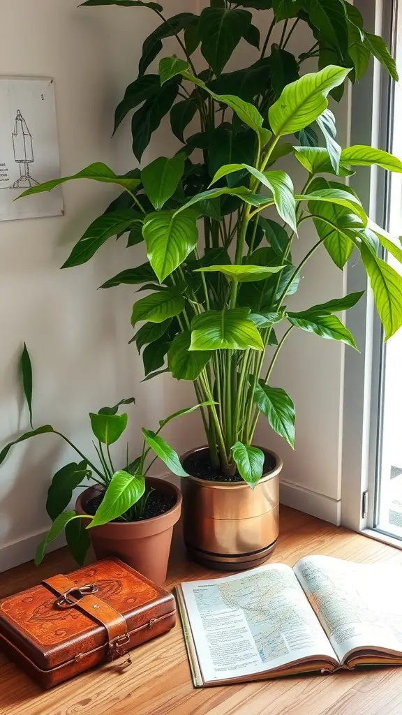 Indoor plants in pots next to a travel bag and an open map on the floor.