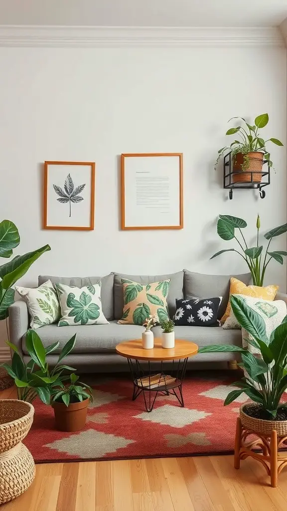 Cozy living room with plant-themed decor, featuring a gray sofa with leaf-patterned pillows, potted plants, and botanical wall art.
