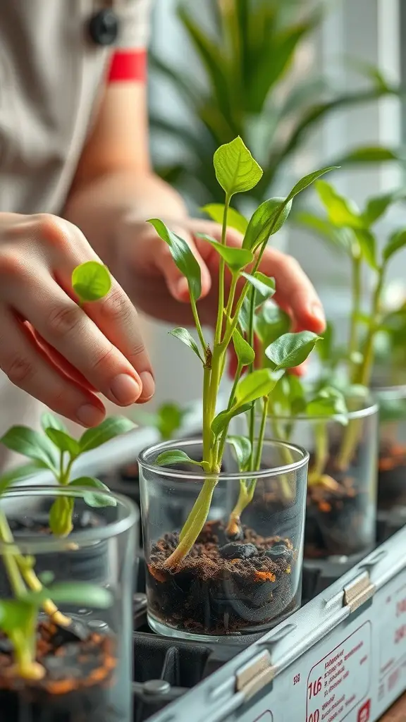 A person propagating indoor plants by placing cuttings in glass containers.