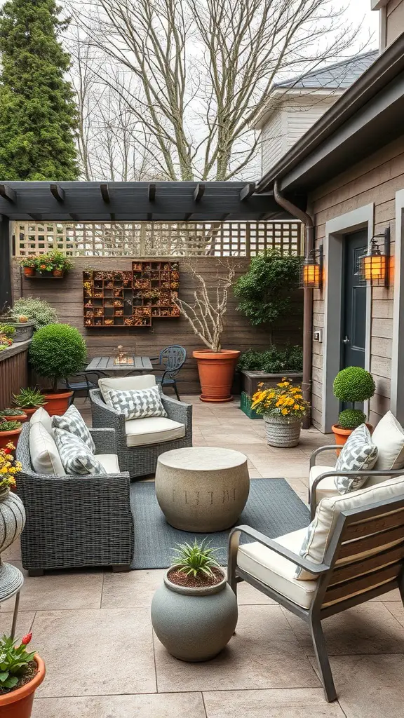 A cozy terrace with comfortable seating, vibrant plants, and a pergola, designed for seasonal changes.