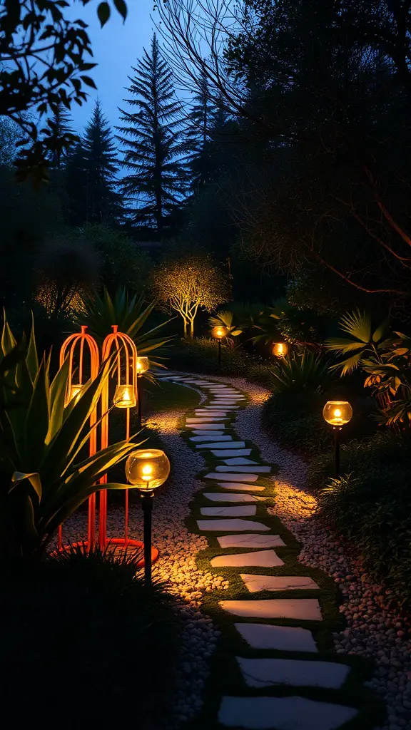 A beautifully lit garden path with glowing lanterns and lush greenery.