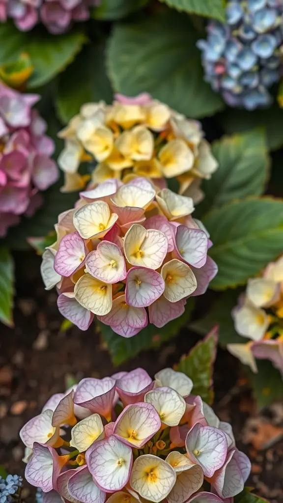Colorful hydrangea flowers in shades of pink, yellow, and blue.