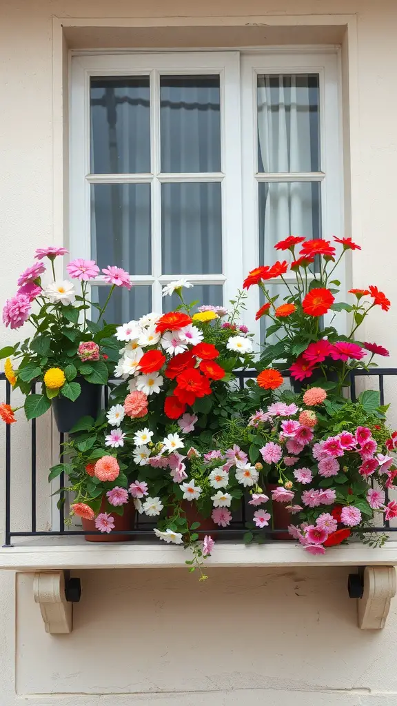 A balcony garden filled with colorful flowers in pots, showcasing a vibrant display of red, pink, and white blooms.